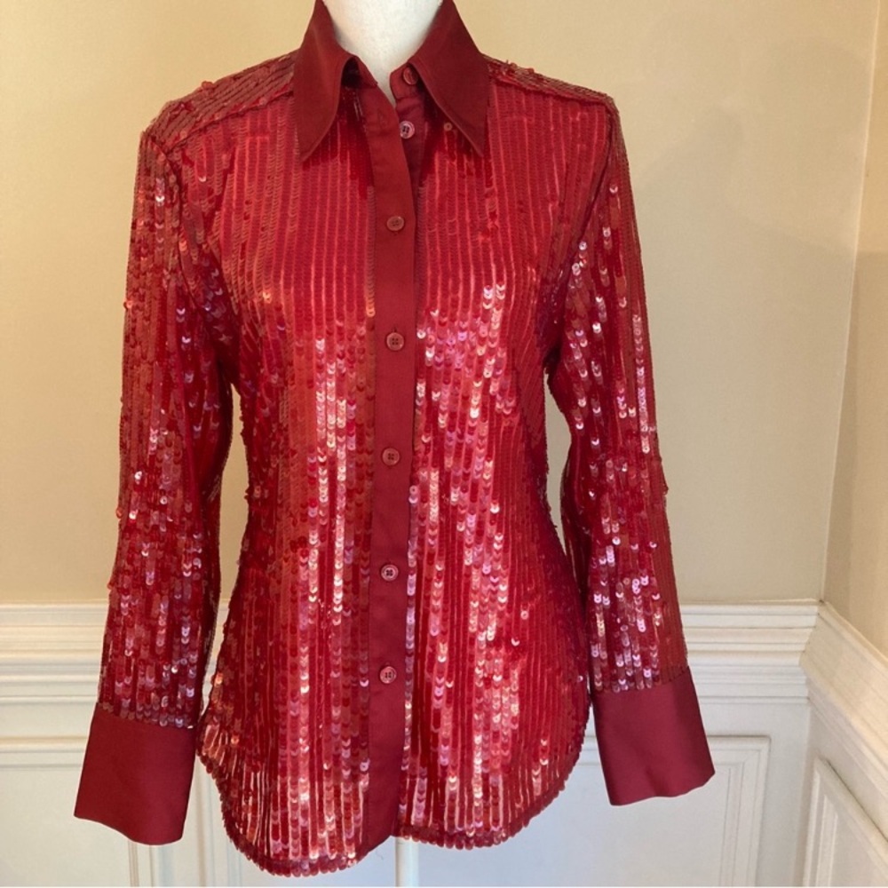 ZARA Red Sequin Long Sleeve Button Down Shirt NWT - Picture 3 of 14
